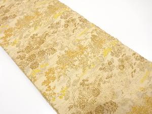 アンティーク　寺院風景に鶴・草花模様織り出し丸帯（材料）